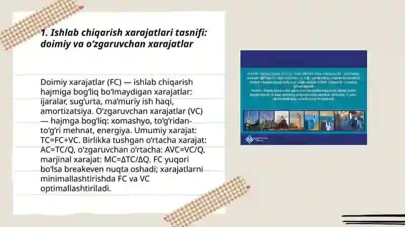 Ishlab chiqarish xarajatlarini minimallashtirish shartlari va korxonaning zararsiz ishlash nuqtasini hisoblash yo’llari 3