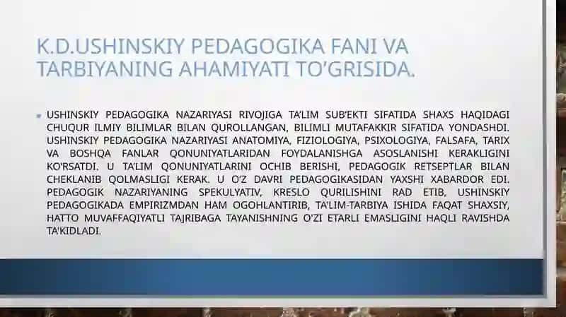 K.D. Ushinskiy pedagogika fani va tarbiyaning ahamiyati to'grisida 3