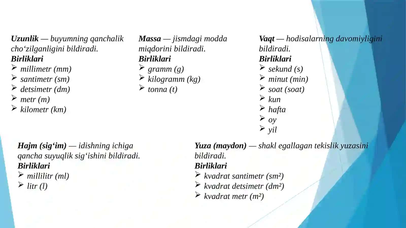 Asosiy miqdorlar ustida ishlash metodikasi 3