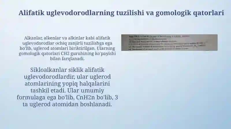 Alifatik uglevodorodlarning tuzilishi, gomologik qatori xossalari, olinishi va ahamiyati 3