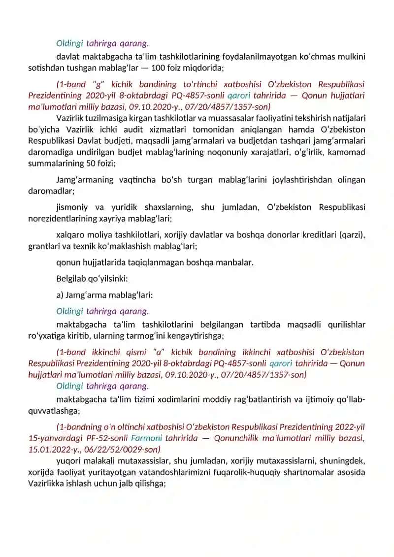 O’zbekiston Respublikasi prezidentining Maktabgacha ta’limga doir qaror, farmon va farmoyishlari 3