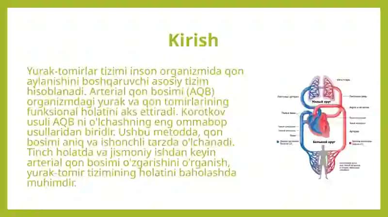 Yurak-tomirlar tizimining funksional ko'rsatkichlari tinch xolatda va jismoniy ishdan keyin odamdagi arterial qon bosimini Korotkov usulida o'lchash 3