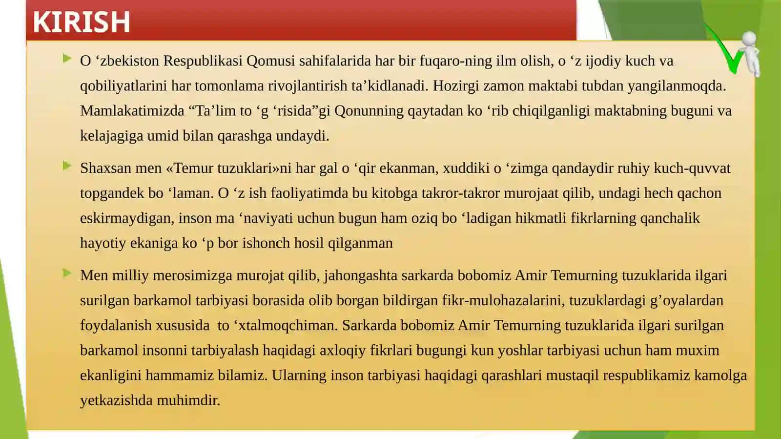 SHAXS TARBIYASIDA AMIR TEMUR O’GITLARIDAN FOYDALANISH KURS ISHI TAQDIMOTI 3