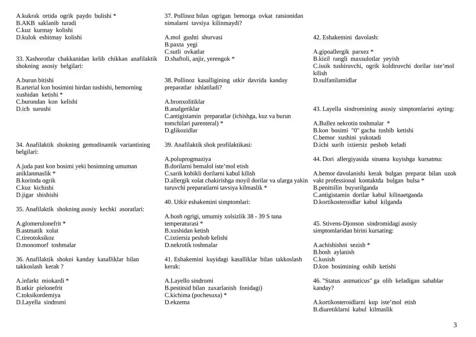 ALLERGOLOGIYA MAGISTRATURA VA KLINIK ORDINATURAGA KIRISH TESTLARI 1000 TA TEST 2026 YIL 3