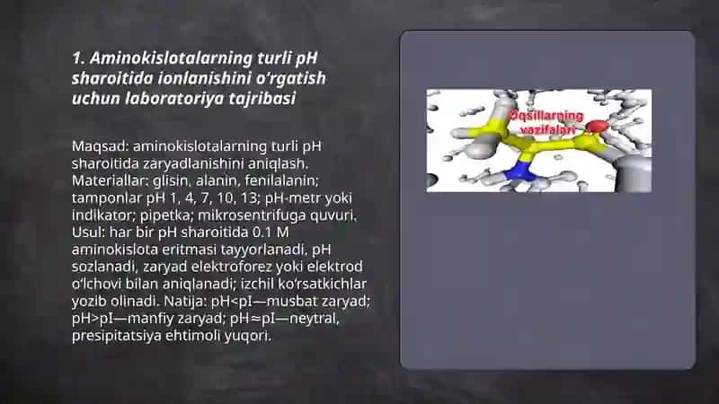 Aminokislotalar va oqsillar ularning xossalari mavzusini oʻqitishga oid tajribalarni oʻrganish 3