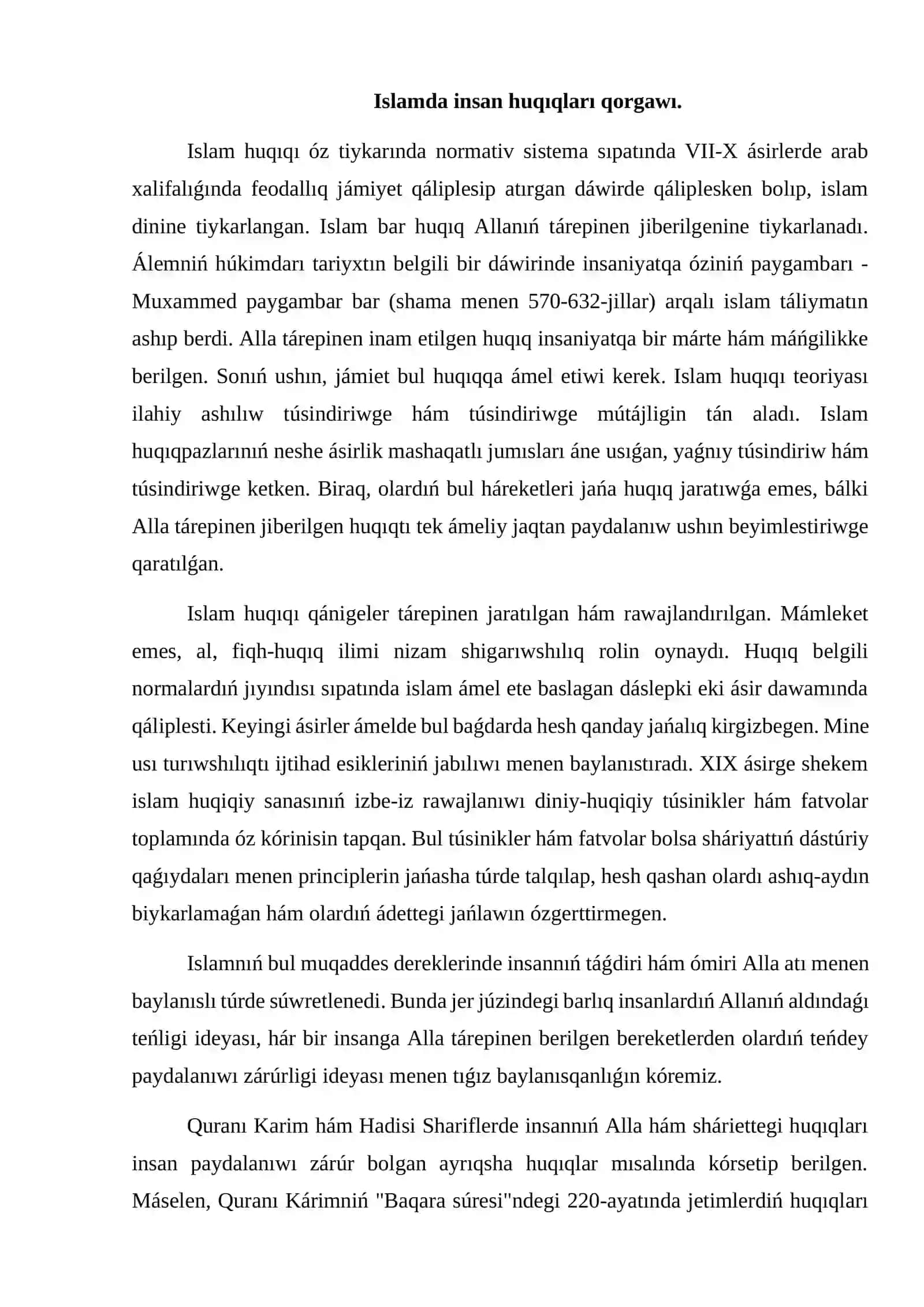 Islamda insan huqıqları qorǵaw, sociallıq teńlik, adalat hám tolerantlıq 3