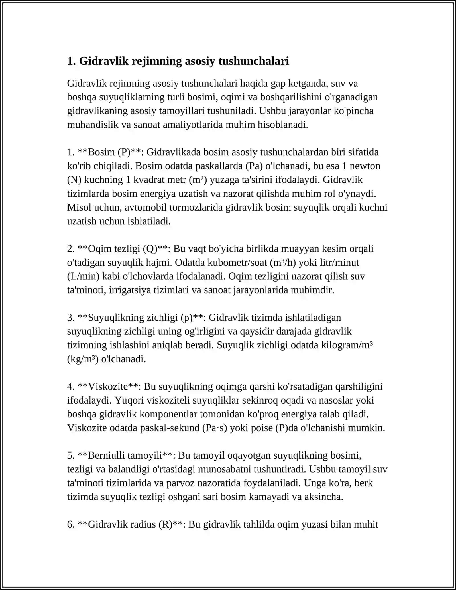MUSTAQIL ISH Mavzu: GIDRAVLIK REJIM ASOSLARI 3