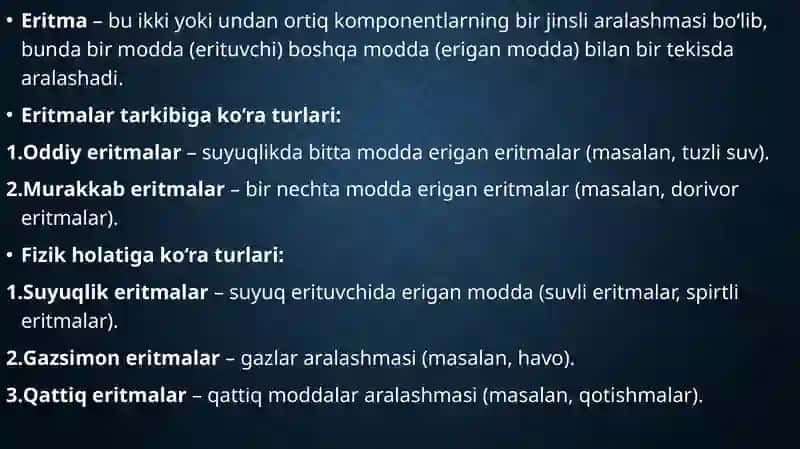 Eritmalar. Eritmalarning kolligativ hossalari. Titrimetrik tahlil asoslari 3