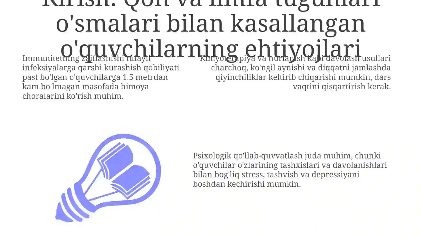 Qon va limfa tugunlari o'smalari bilan kasallangan o'quvchilar bilan dars o'tishning asosiy tamoyillari 3