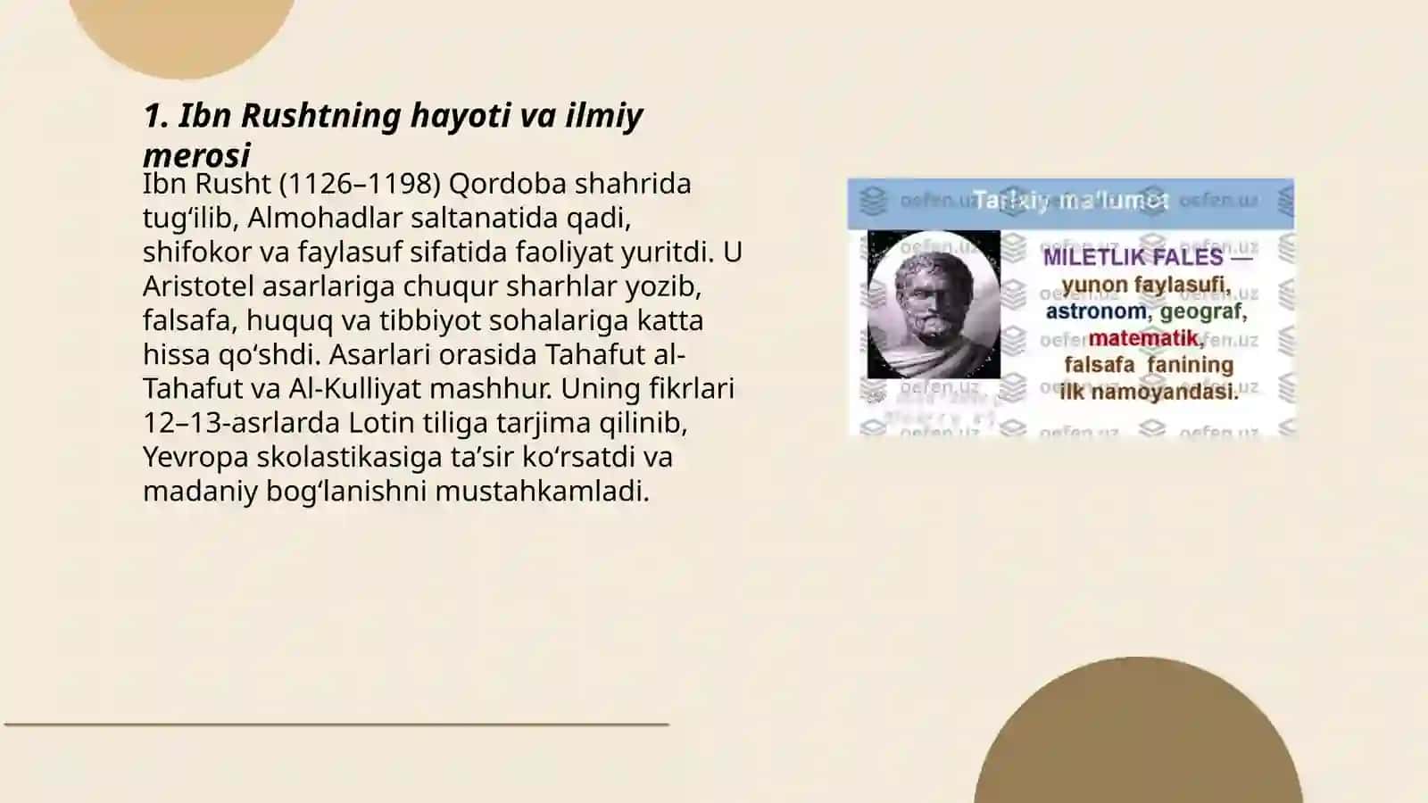 Gʻarb faylasufi Fales Sharq faylasufi Ibn Rusht 3