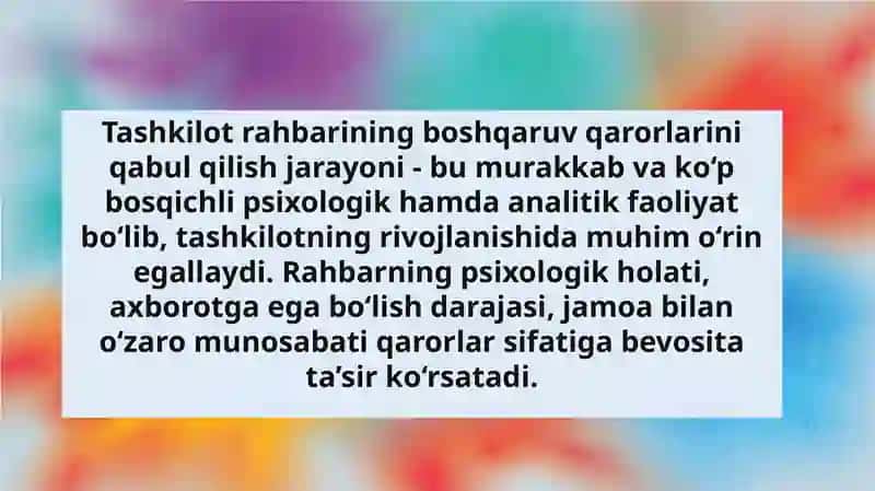 Tashkilot rahbarining boshqaruv qarorlarini qabul qilish muammosi 3
