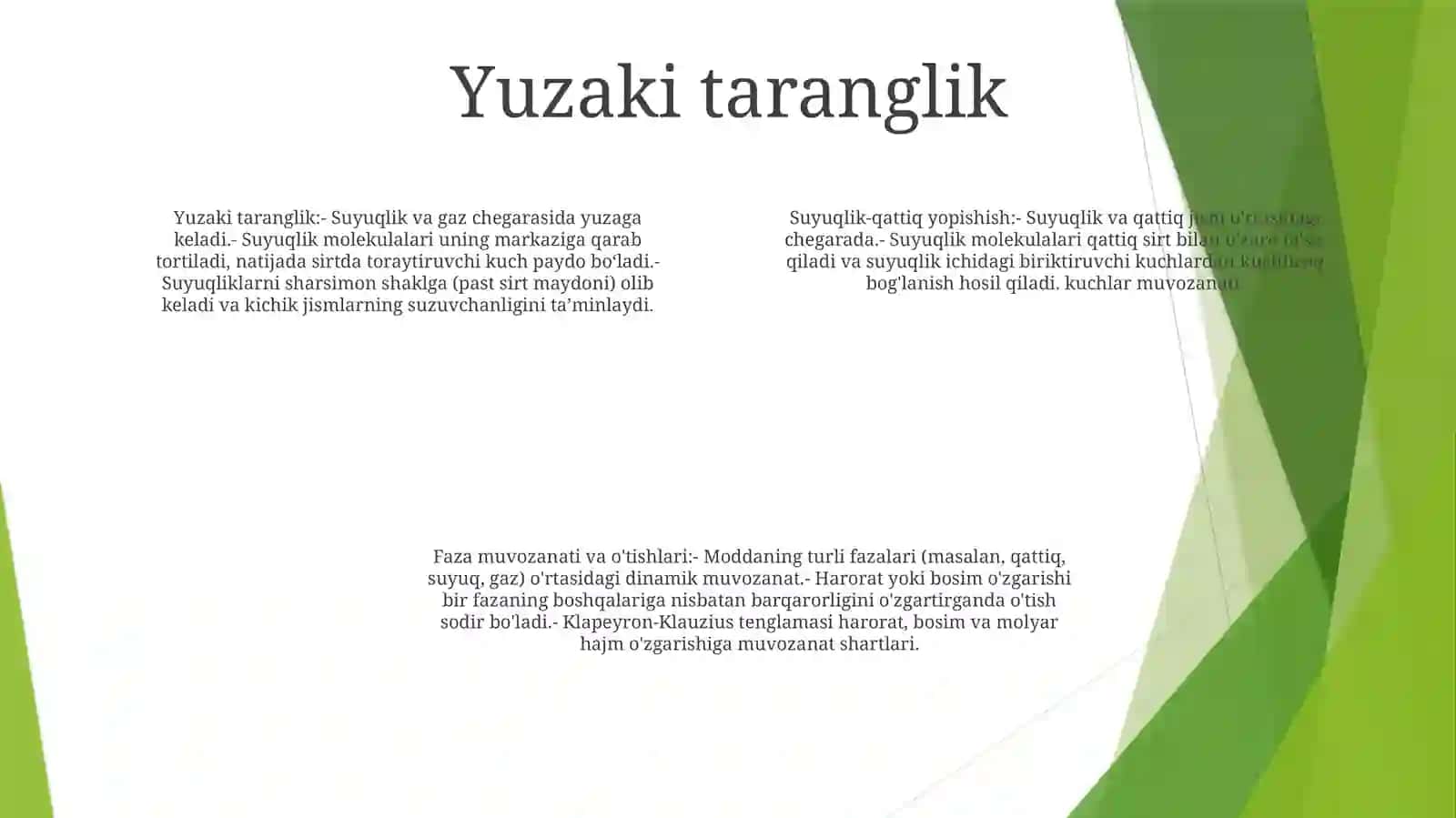 Suyuqlik Bilan Qattiq Jismning Yondoshish Chegarasida Boladigan Hodisalar. Fazoviy Muvozanat Va Aylanishlar.Kleyperon Klarius Tenglamasi 3