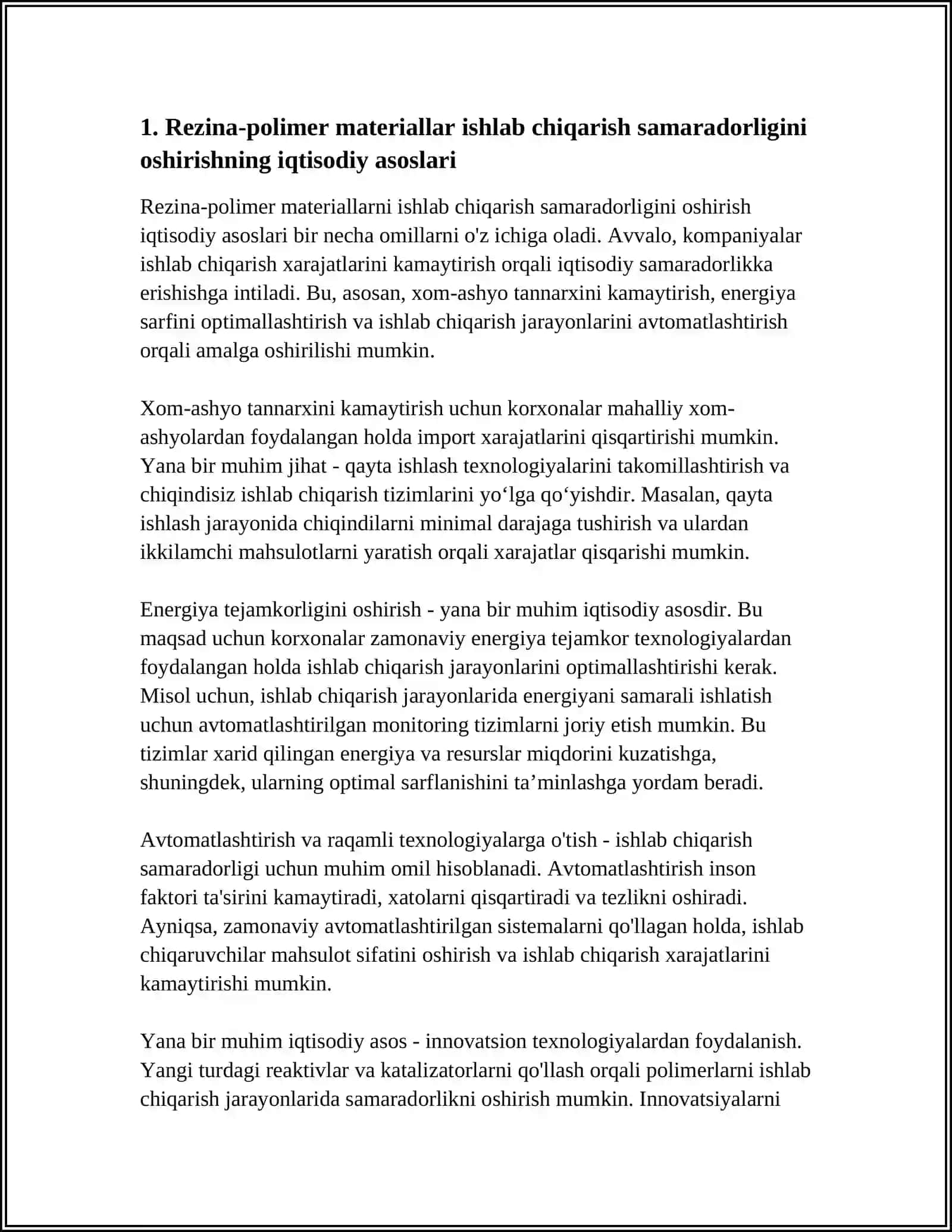 REZINA-POLIMER MATERIALLAR ISHLAB CHIQARISHNING IQTISODIY SAMARADORLIGI. MEHNAT MUHOFAZASI VA TEXNIKA XAVFSIZLIGI 3
