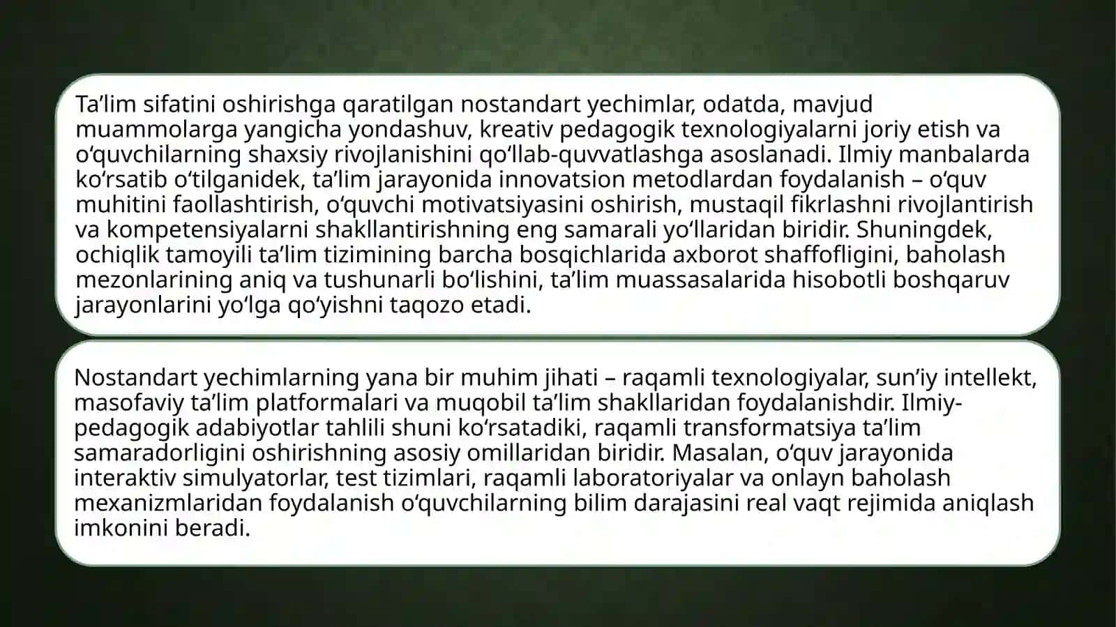 Ta’lim sifati,ochiqligi va samaradorligini oshirish uchun nostandart qarorlar dan foydalanish 3