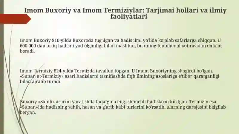 Imom Buxoriy va Imom Termiziyning hadis ilmiga qo’shgan hissalarini qiyosiy tahlili 3