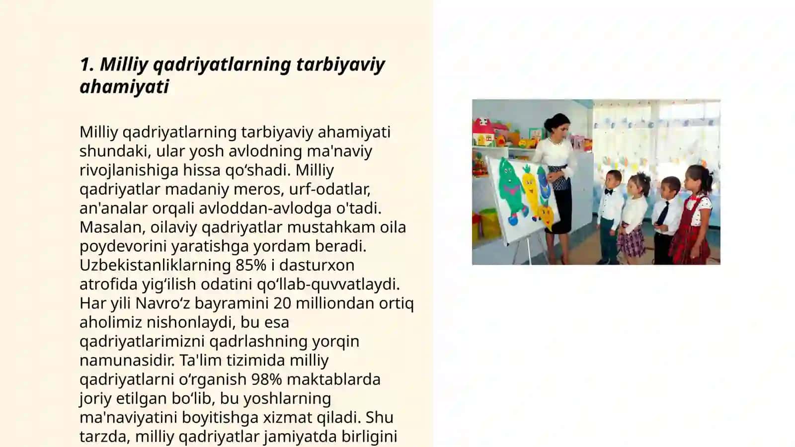 Maktabgacha taʼlim tashkiloti tarbiyalanuvchilarini milliy qadriyatlarga hurmat ruhida tarbiyalashda rivojlantiruvchi markazlarda olib boriladigan oʻyin taʼlimiy va frontal faoliyatni jarayonga tadbiq etish Qurbonova Baxtigul 3