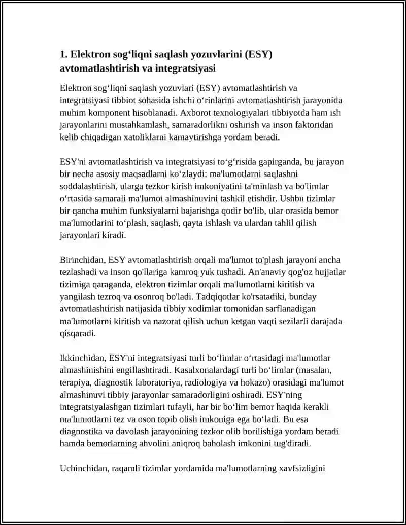Elektron sog‘liqni saqlash yozuvlarini (ESY) avtomatlashtirish va integratsiyasi 3
