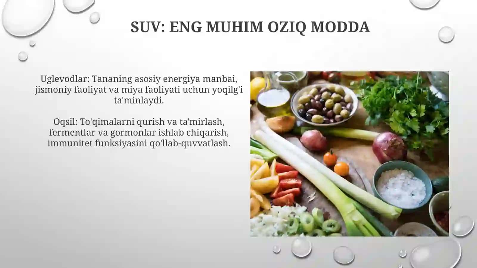 Asosiy oziqaviy moddalar: oqsil, yog', karbonsuvlar, mineral moddalar, vitaminlarning va biologik roli 3