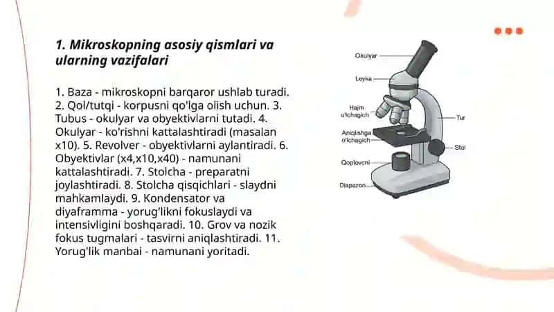 Mikroskopning asosiy qismlari va ularning vazifalari 3