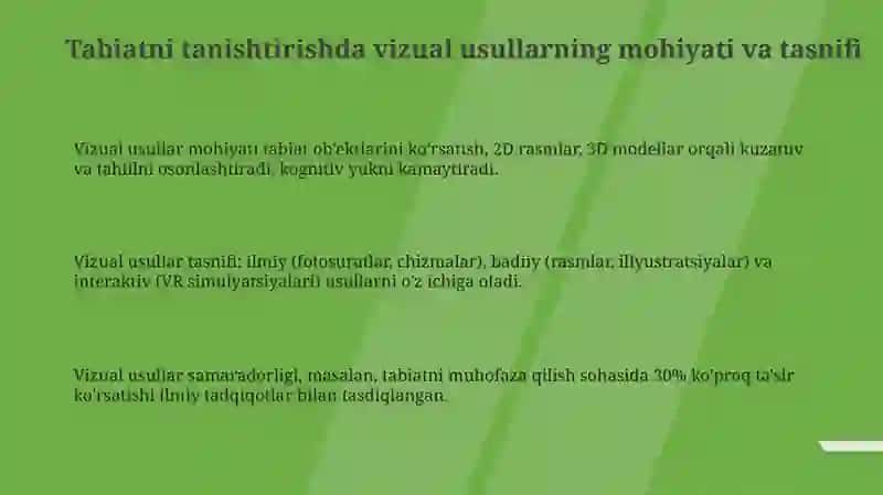 Tabiat bilan tanishtirishda kórgazmali metod va usullarining óziga xosligi 3