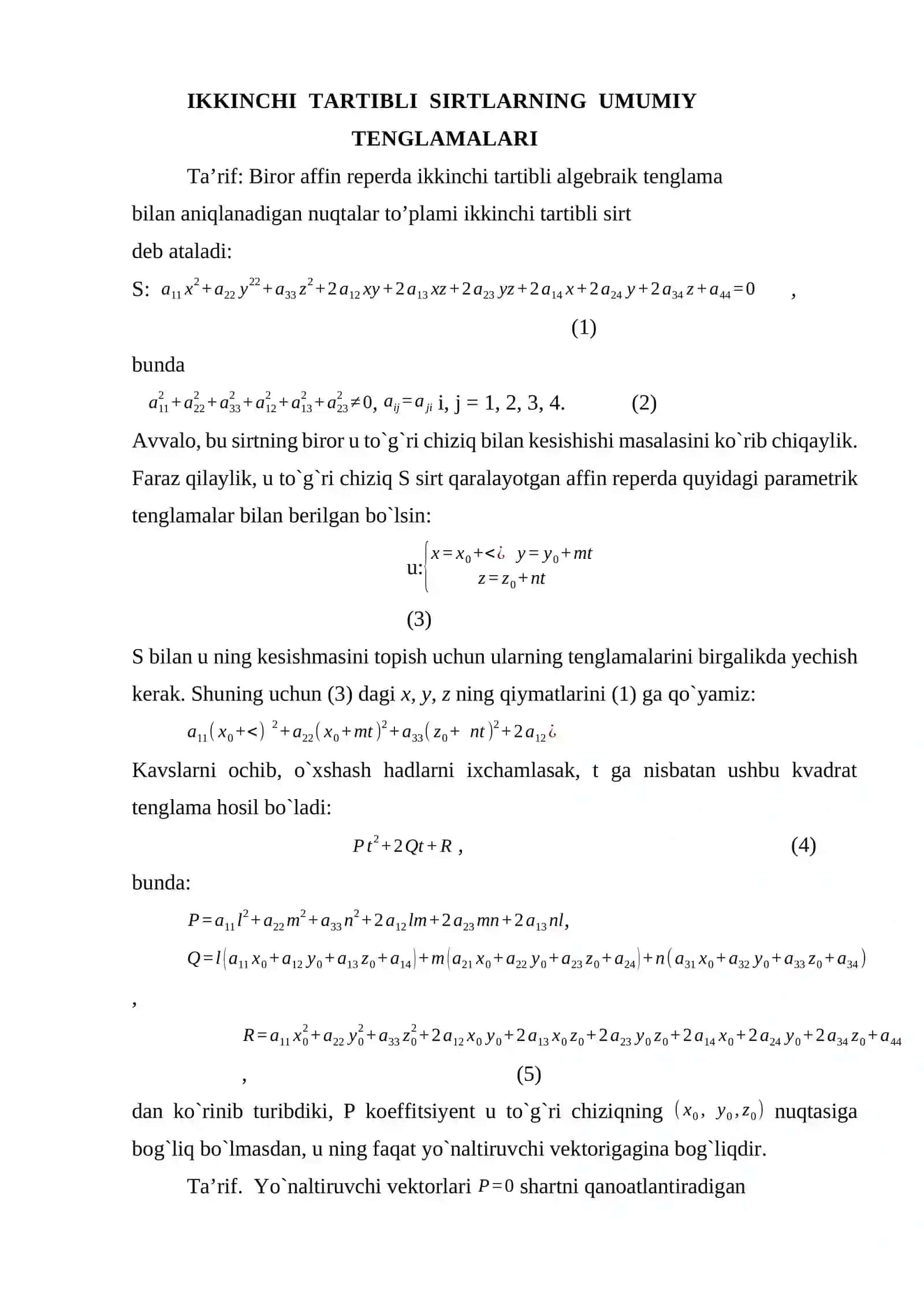 IKKINCHI TARTIBLI SIRTNING TO’G’RI CHIZIQ VA TEKISLIK BILAN KESISHISHI 3