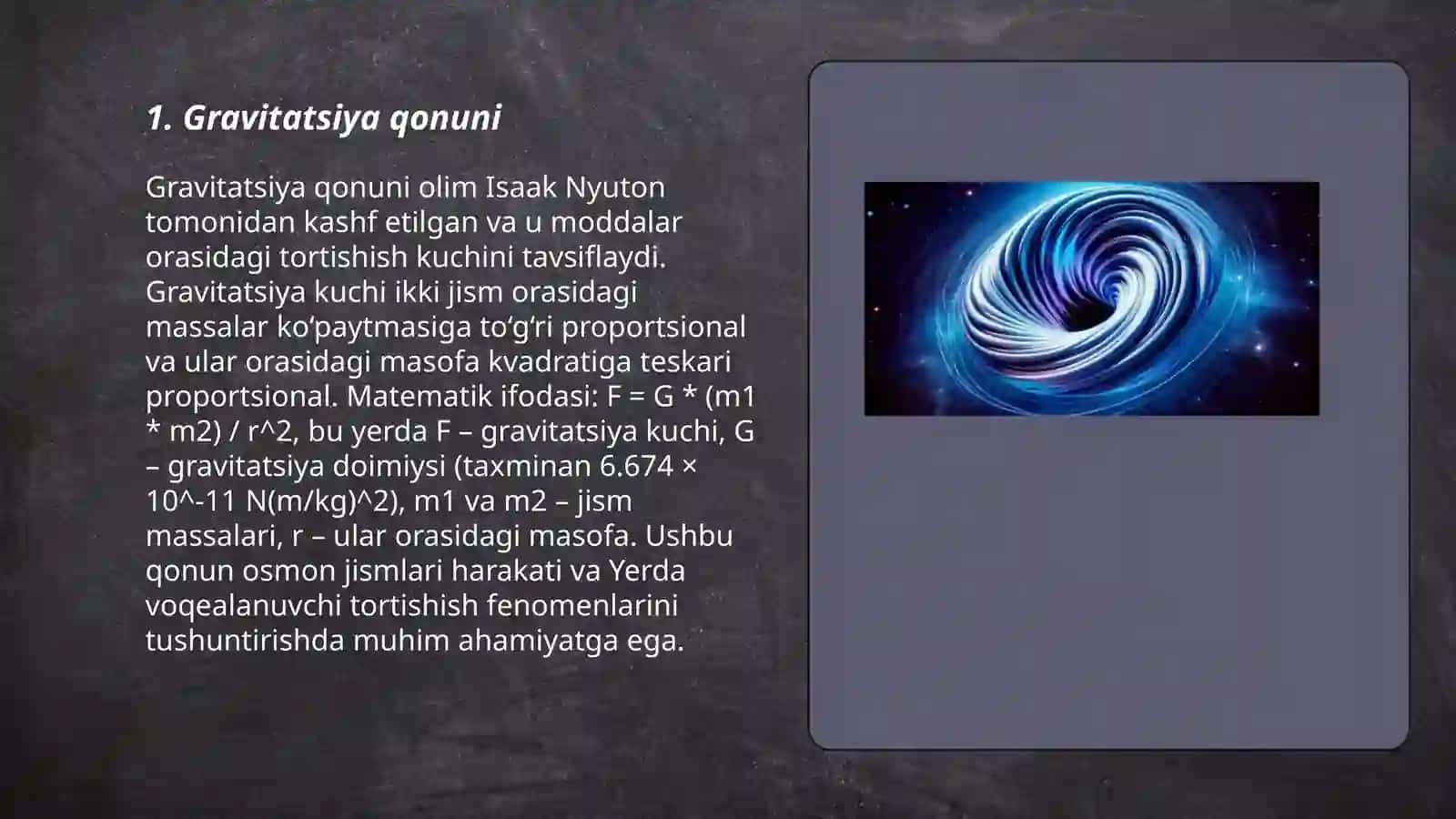 Gravitatsion maydon. Gravfityatsiya va jism og'irligi. Og'irlik kuchi tezlanishini yer kengligiga bog'liqligini o'rganish 3