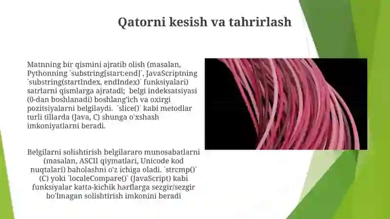Matnlar bilan ishlash, simvollarni taqqoslash va satrlarni formatlash usullari 3