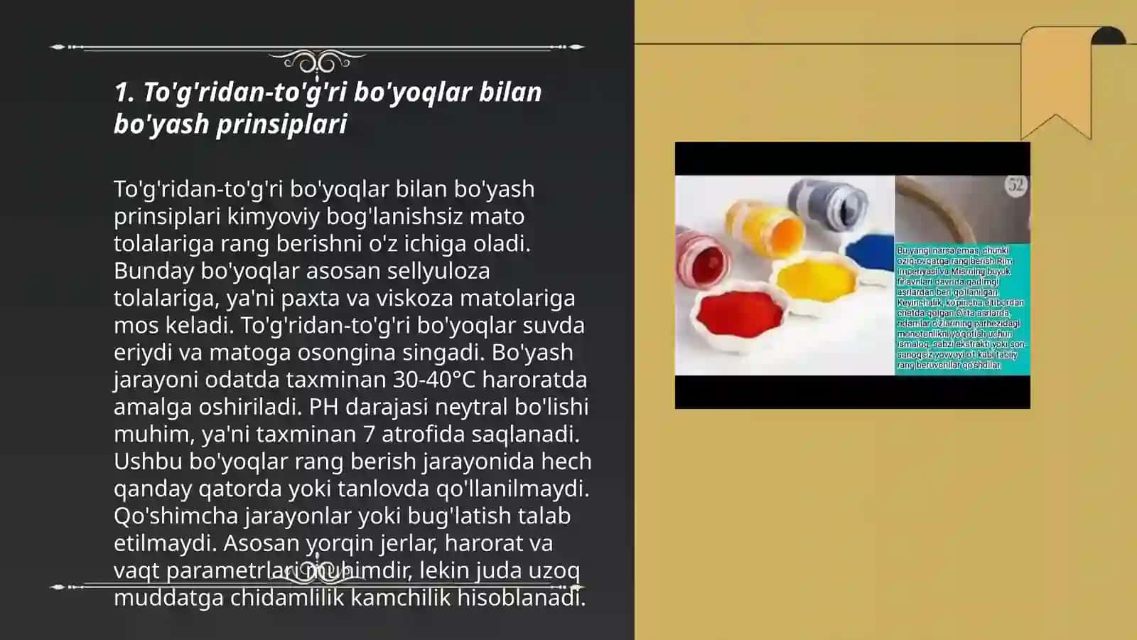 To'qimachilik matolarini bevosita bo'yovchi moddalar bilan bo'yash texnologiyasi 3