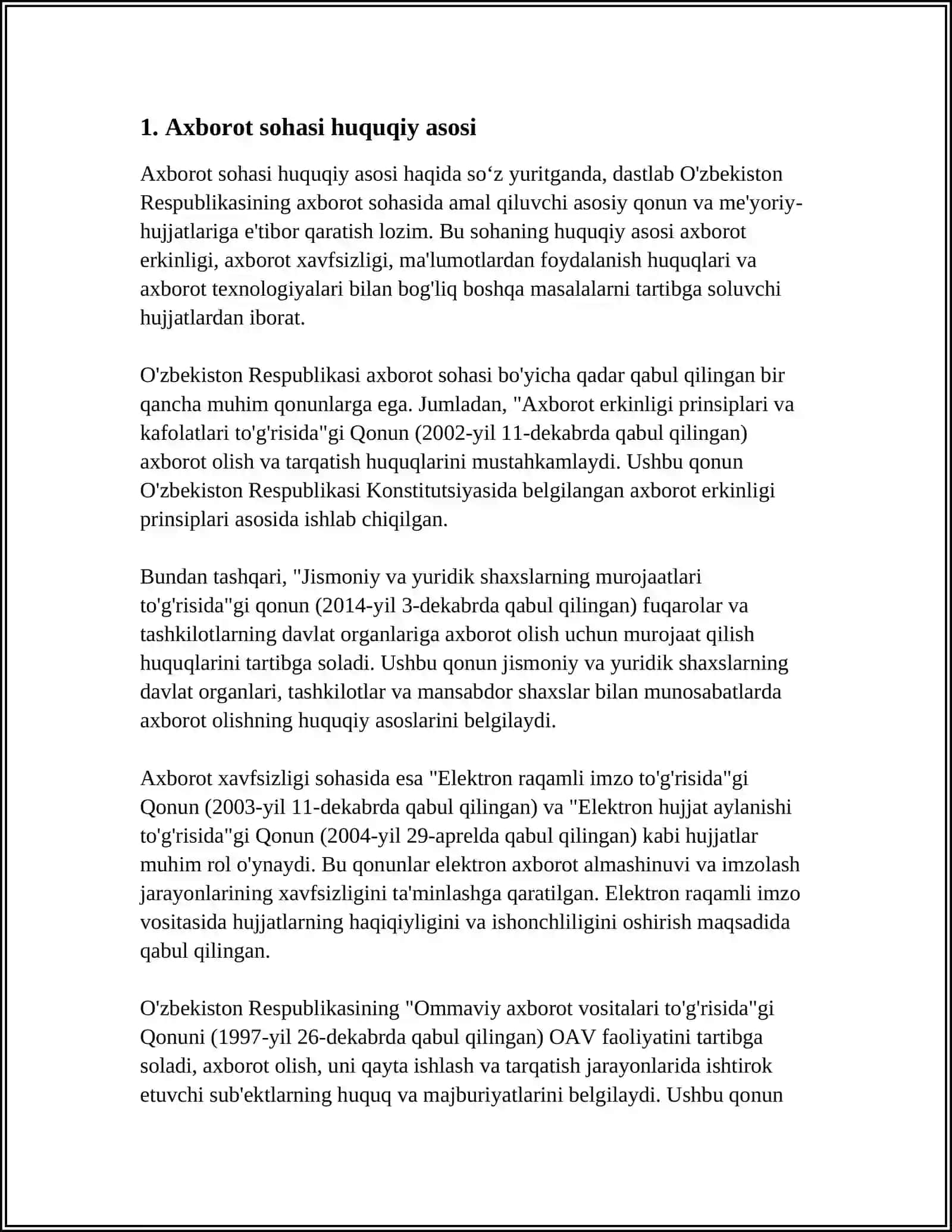 MUSTAQIL ISH Mavzu: AXBOROT SOHASI HUQUQ OBYEKTI SIFATIDA 3