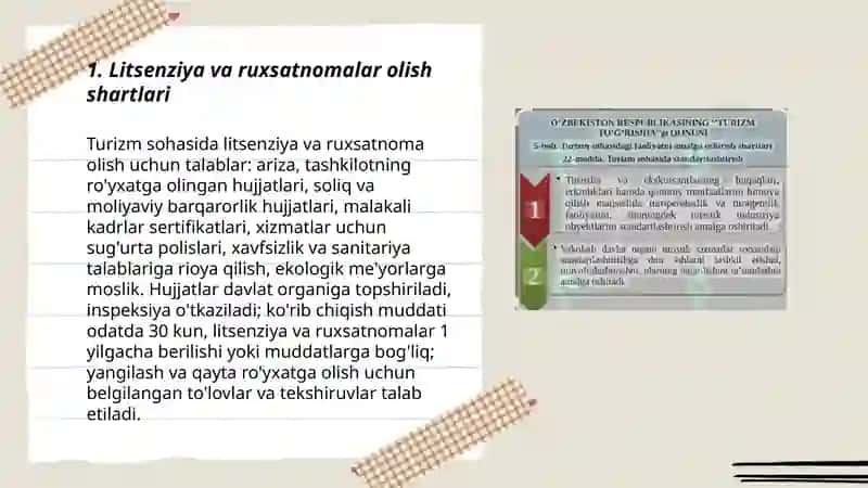 Turizm sohasidagi faoliyatni amalga oshirish shartlari 3
