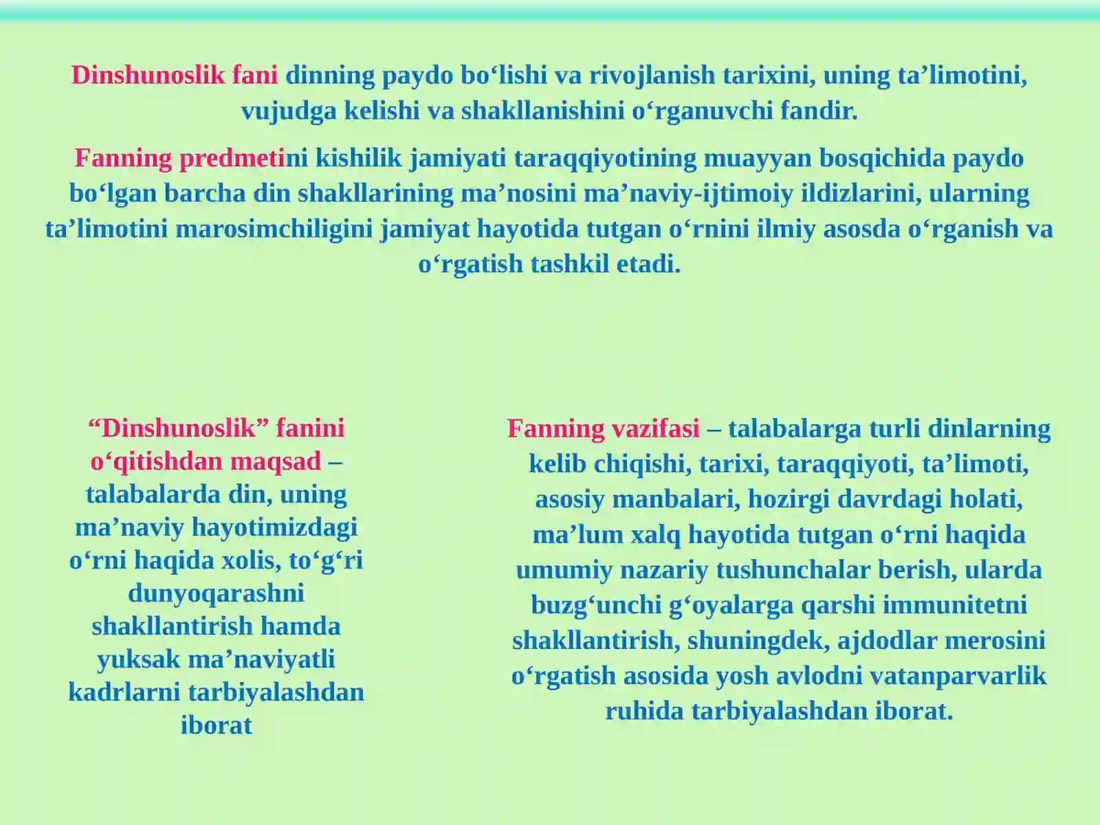 1-Mavzu.Din, dinshunoslik, din falsafasi, teologiya, teosofiya, xudojoʻylik, diniy eʼtiqod, aqida, ilohiyot tushunchalarining mohiyati 3