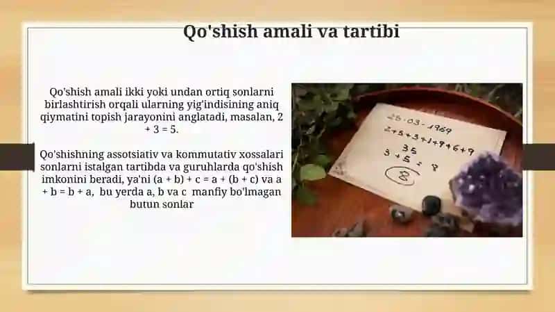 Qo'shish qonunlari.nomanfiy butun sonlarni qo'shish amalining aksiomatik tarifi 3