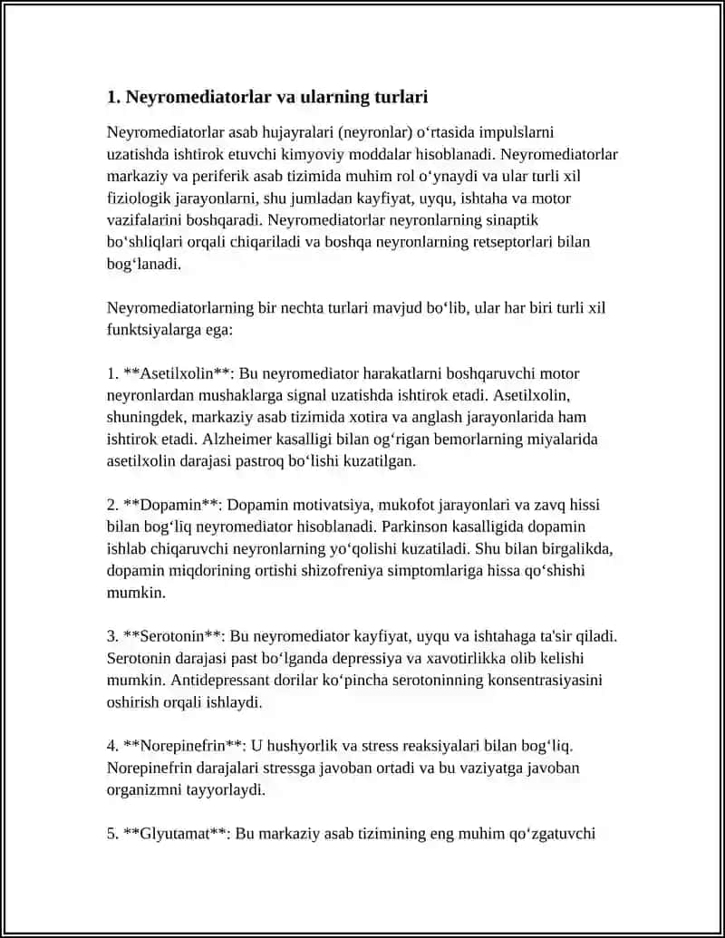 NEYROMEDIATORLAR BIOSINTEZI AHAMYATI VA KASALLIKLARI 3
