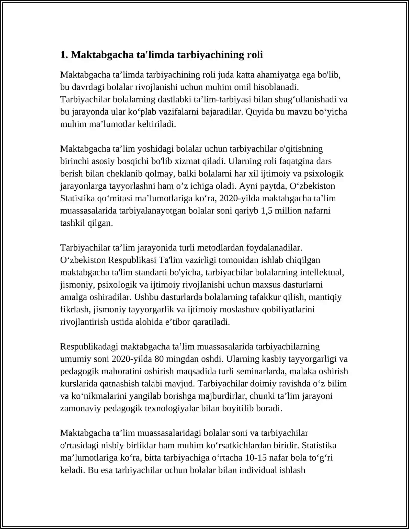 MAKTABGACHA TAʼLIM TASHKILOTIDA FAOLIYATINI TASHKIL ETISH TARBIYACHINING PEDAGOGIK MAHORATI 3