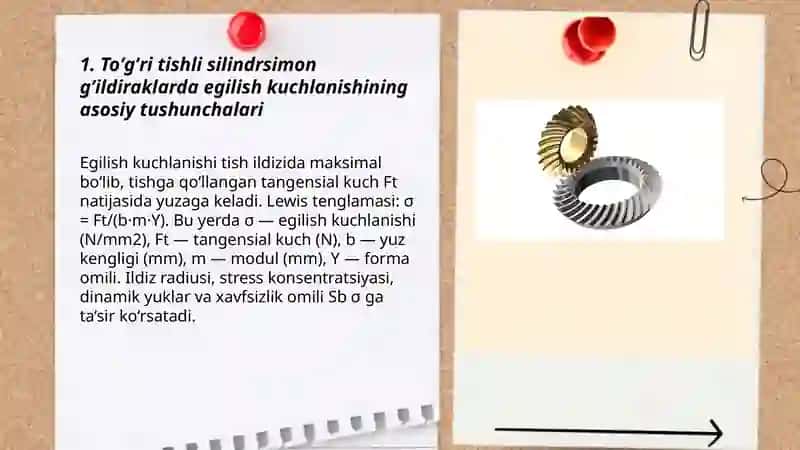 Toʼgʼri tishli silindrsimon gʼildiraklarni eguvchi kuchlanish boʼyicha hisoblash 3