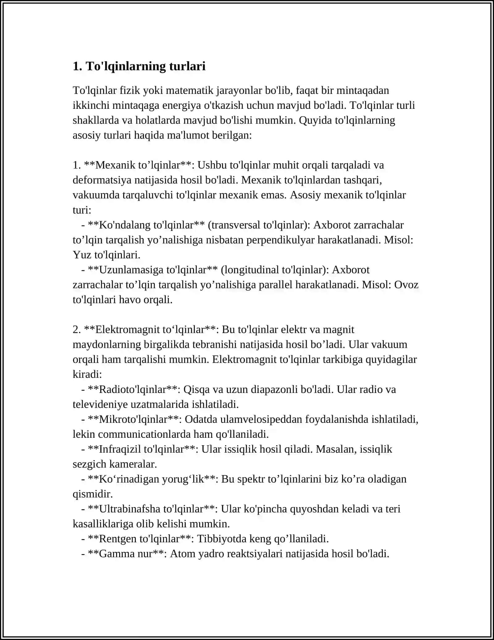 MUSTAQIL ISH Mavzu: TOVUSH TO'LQINLARI. MEXANIK TO'LQINLAR 3