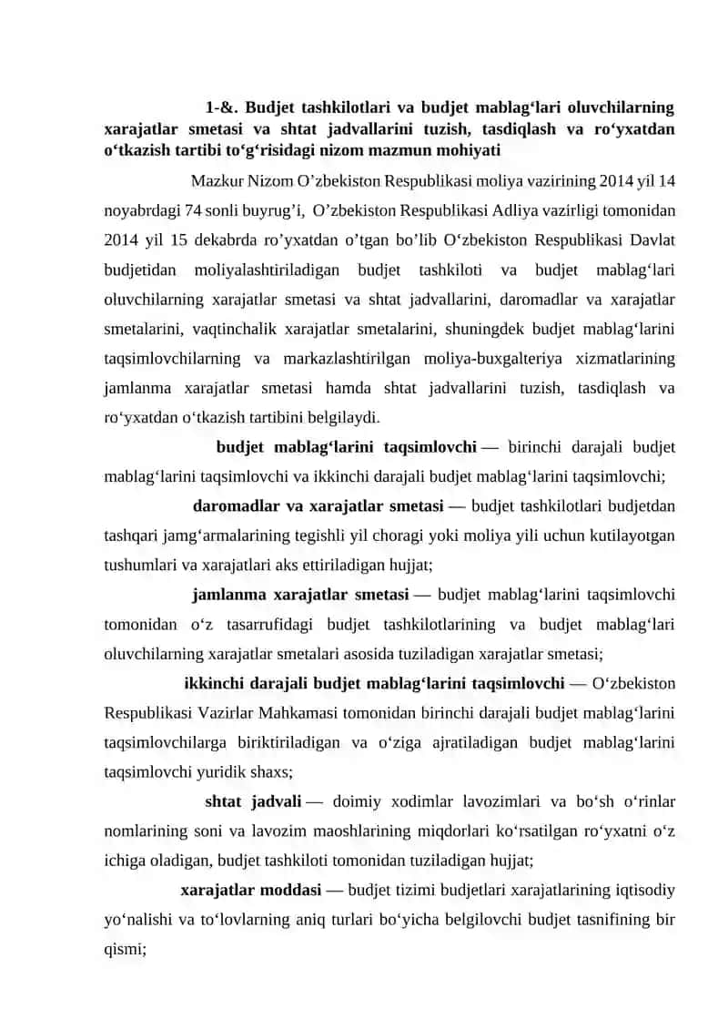 BYUDJET TASHKILOTLARIDA SMETALAR HAMDA SHTATLAR JADVALINI TUZISH, TASDIQLASH VA TAQDIM ETISH TARTIBI 3