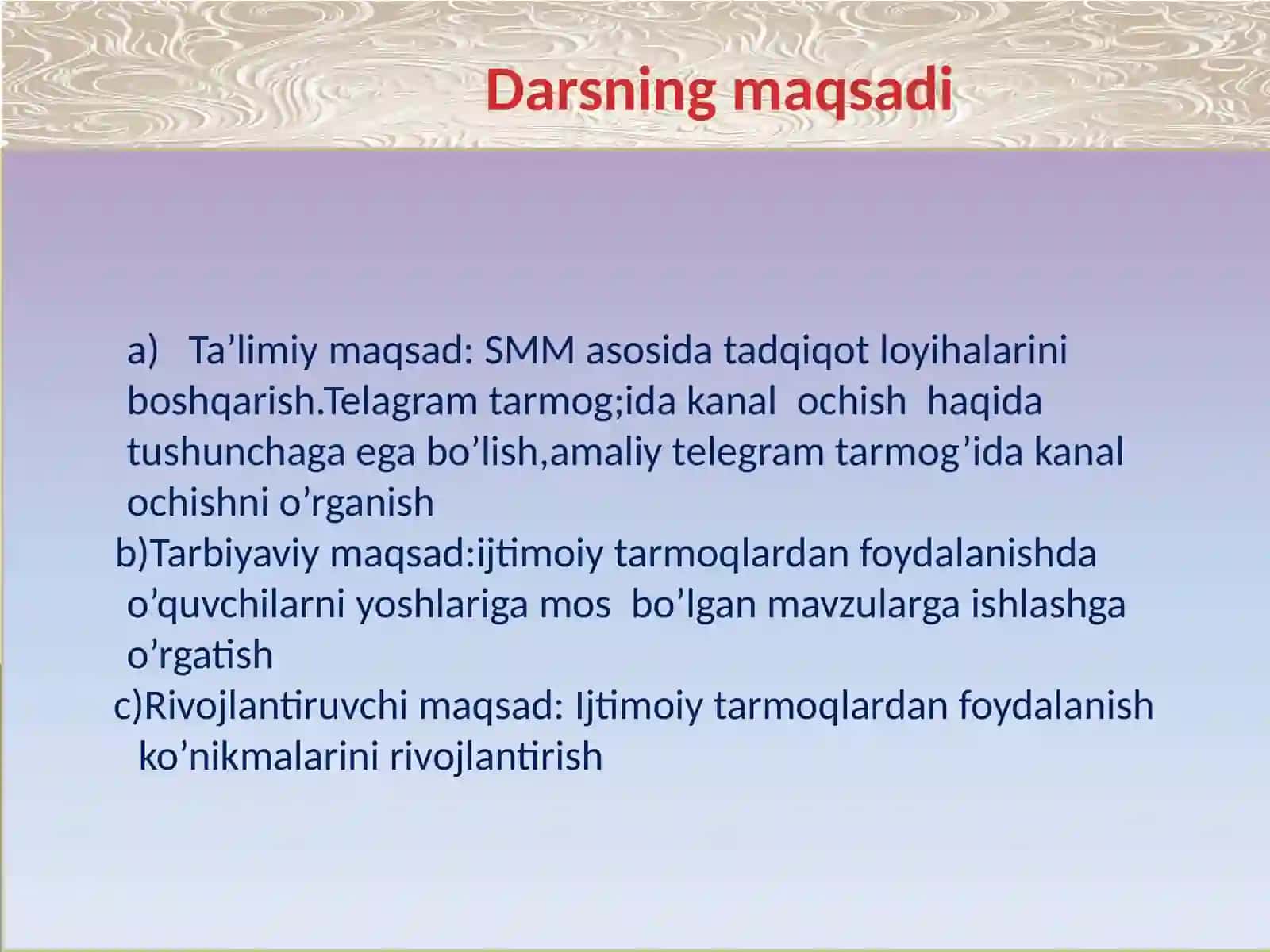 8-sinf Informatika fanidan SMM asosida tadqiqot loyihalarini boshqarish. Telegram tarmog'ida kanal ochish dars ishlanma 3
