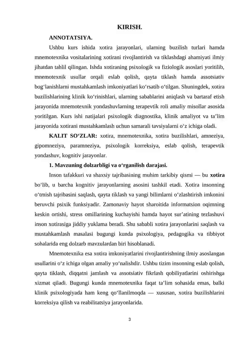 MNEMOTEXNIKA. XOTIRA BUZILISHLARI VA ULARNING KLINIK AHAMIYATI 3