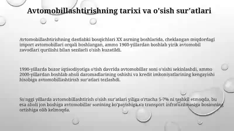 Avtomobillashtirish va uning mamlakatimiz iqtisodiy rivojlanishiga ta'siri 3