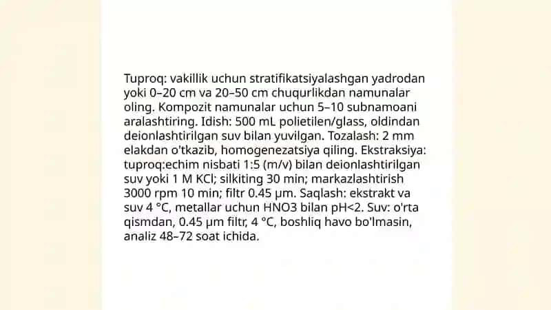 Tuproq va suv tarkibidagi ionli bog'lanishli birikmalarni aniqlqb, tozalash usullarini ishlab chiqish 3