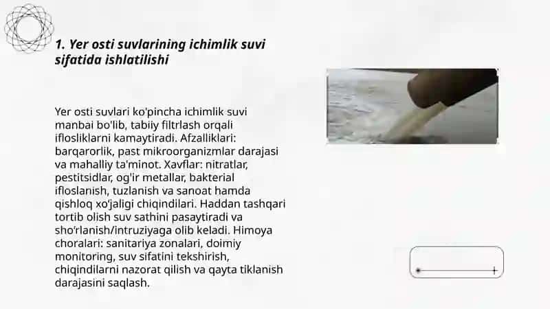 Yer osti suvlaridan turli maqsadlarda foydalanish. Ifloslanish turlari 3