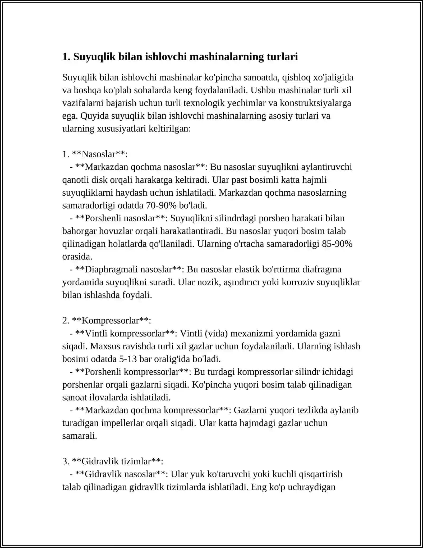 SUYUQLIK BILAN ISHLOVCHI MASHINALAR VA ULARDA XAVFSIZLIK TEXNIKASI QOIDALARINI OʻRGANISH 3