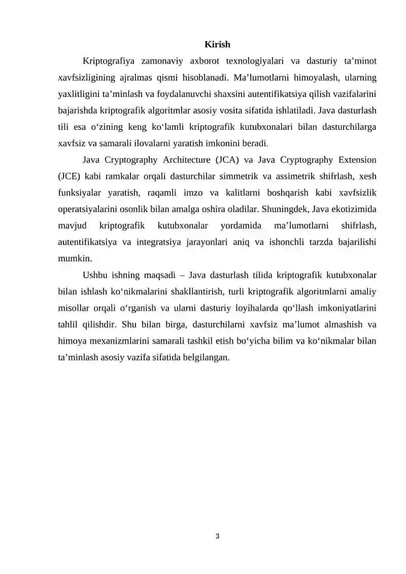 Mmavzu: Java dasturlash tilida kriptografik kutubxonalar bilan ishlash ko‘nikmasini shakllantirish 3