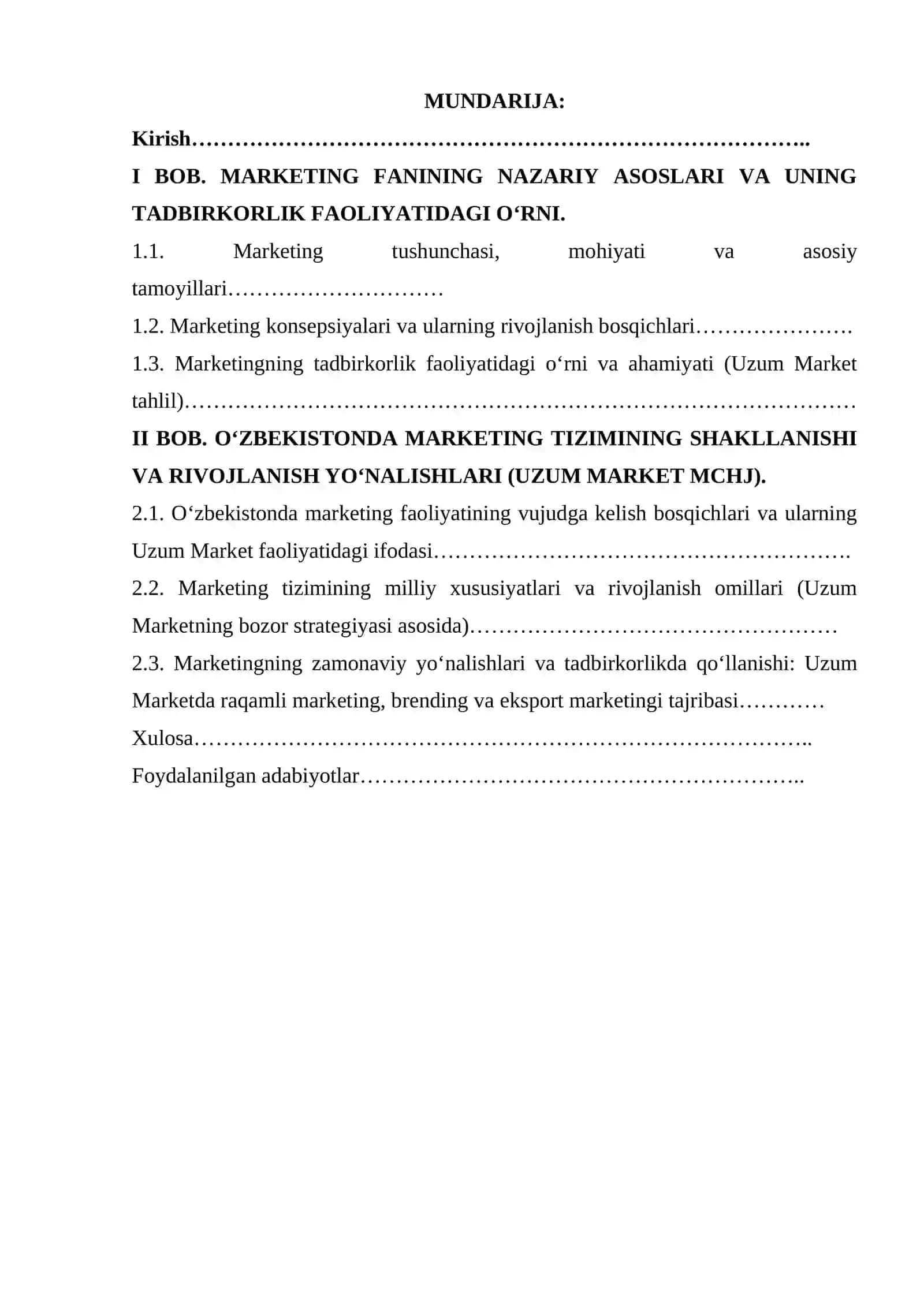 O'zbekistonda marketingni  vujudga kelishi va rivojlanishi tadbirkorlik faoliyatini alohida turi sifatida. 3