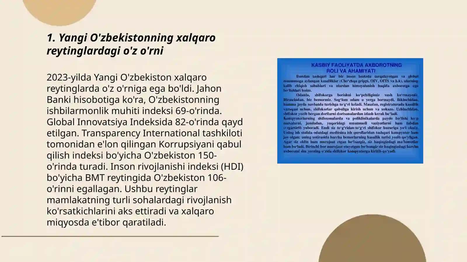 Yangi O'zbekistom ijtimoiy-siyosiy, iqtisodiy va madaniy hayotida roy berayotgan o'zgarishlarning xalqaro reyting va indekislarda aks etish 3