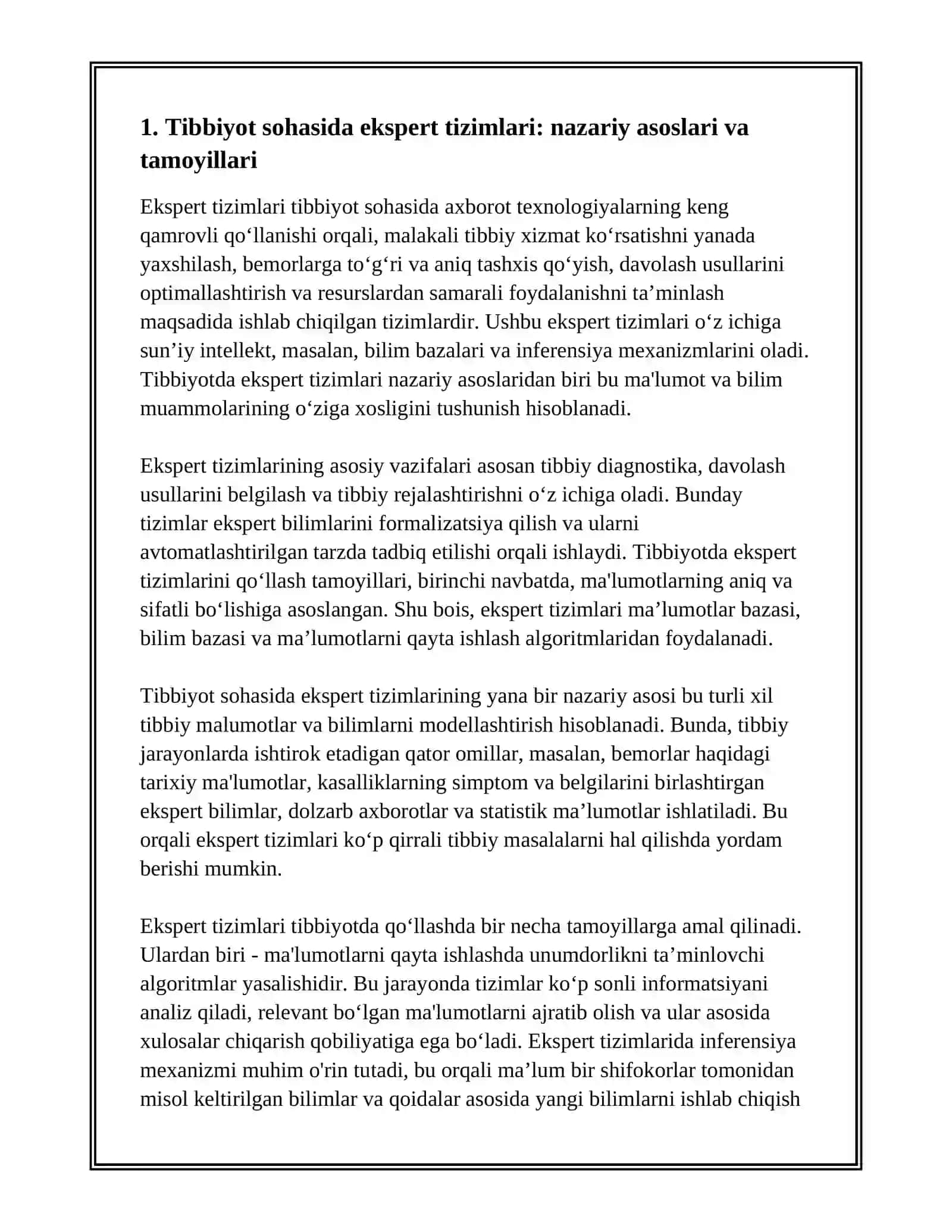 EKSPERT TIZIMLARINING TIBBIYOT SOHASIDA QO'LLASH DASTURIY ALGORITMINI ISHLAB CHIQISH 3