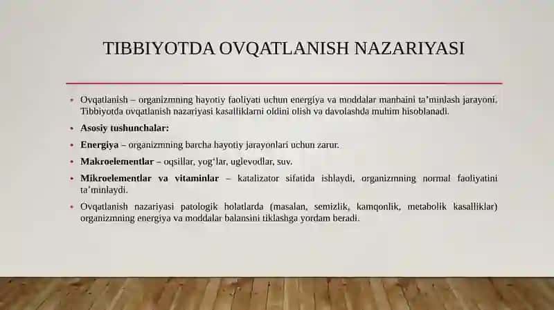 Tibbiyotda ovqatlanish nazariyasi. Parxez stollari. Anabolik va katabolik jarayonlarni ontogenezda o'zgarib borishi. Katabolism va anabolizm. Uning normal va patologik holatlardagi o'zgarishlari. Mikroelementozlar. Ftor, kalsiy miqdorlarining oshib ketishi 3