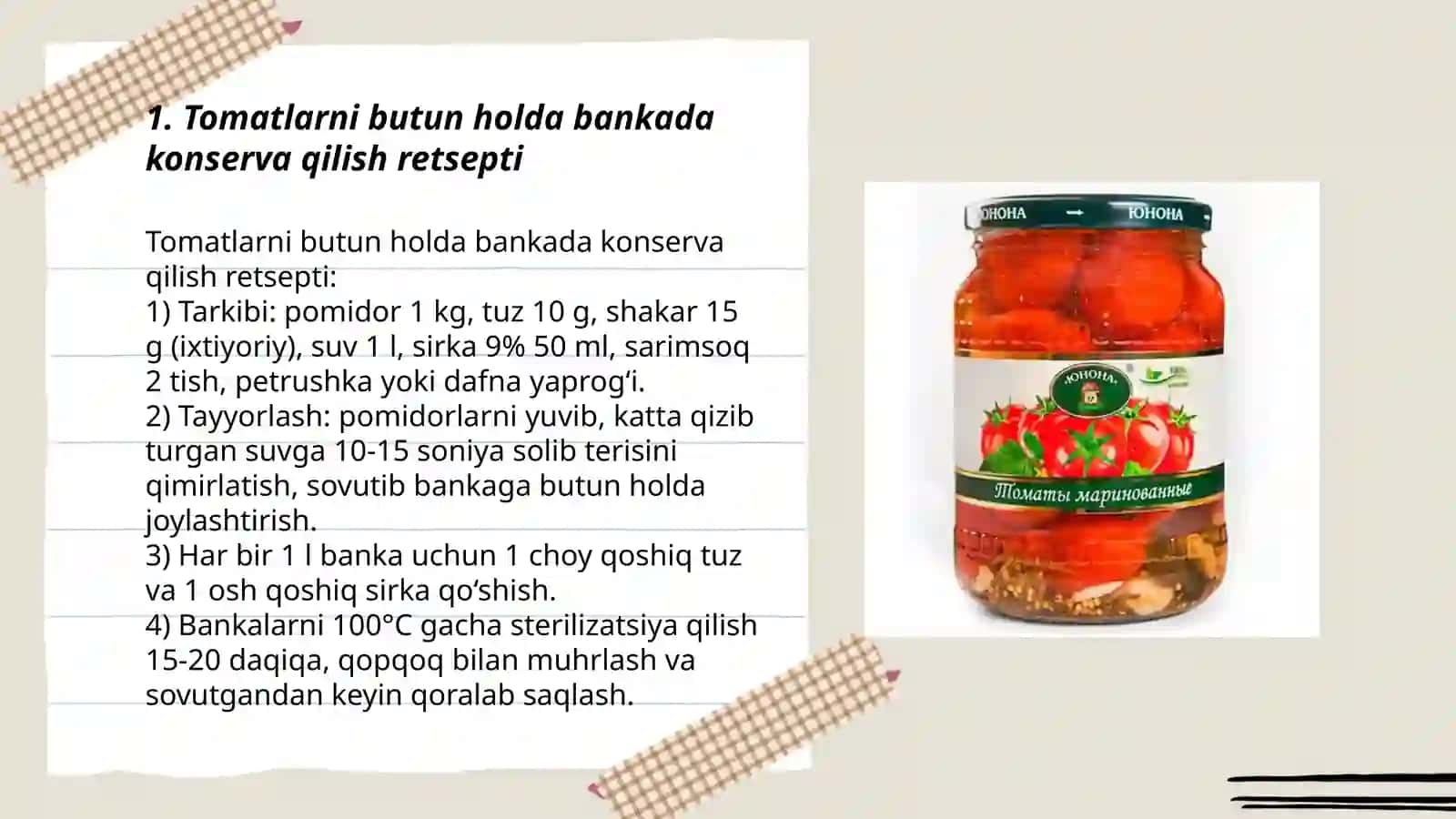 Tomatlarni butun holda bankada konserva qilish retsepti 3