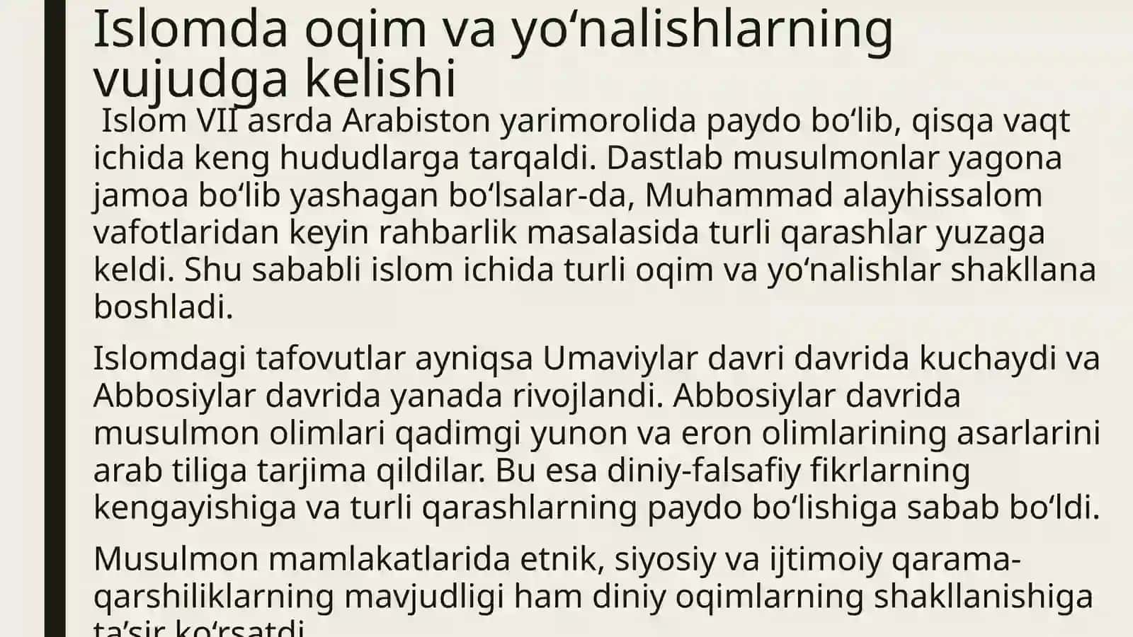 Islomdagi oqimlar va yo‘nalishlarning paydo bo‘lish sabablari, e’tiqoddagi bo‘linishlarning sabablari vaoqibatlari 3